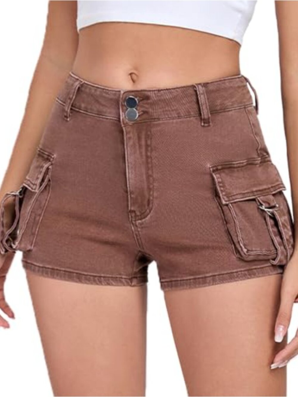 High Stretch Denim Mini Cargo Shorts with Pockets